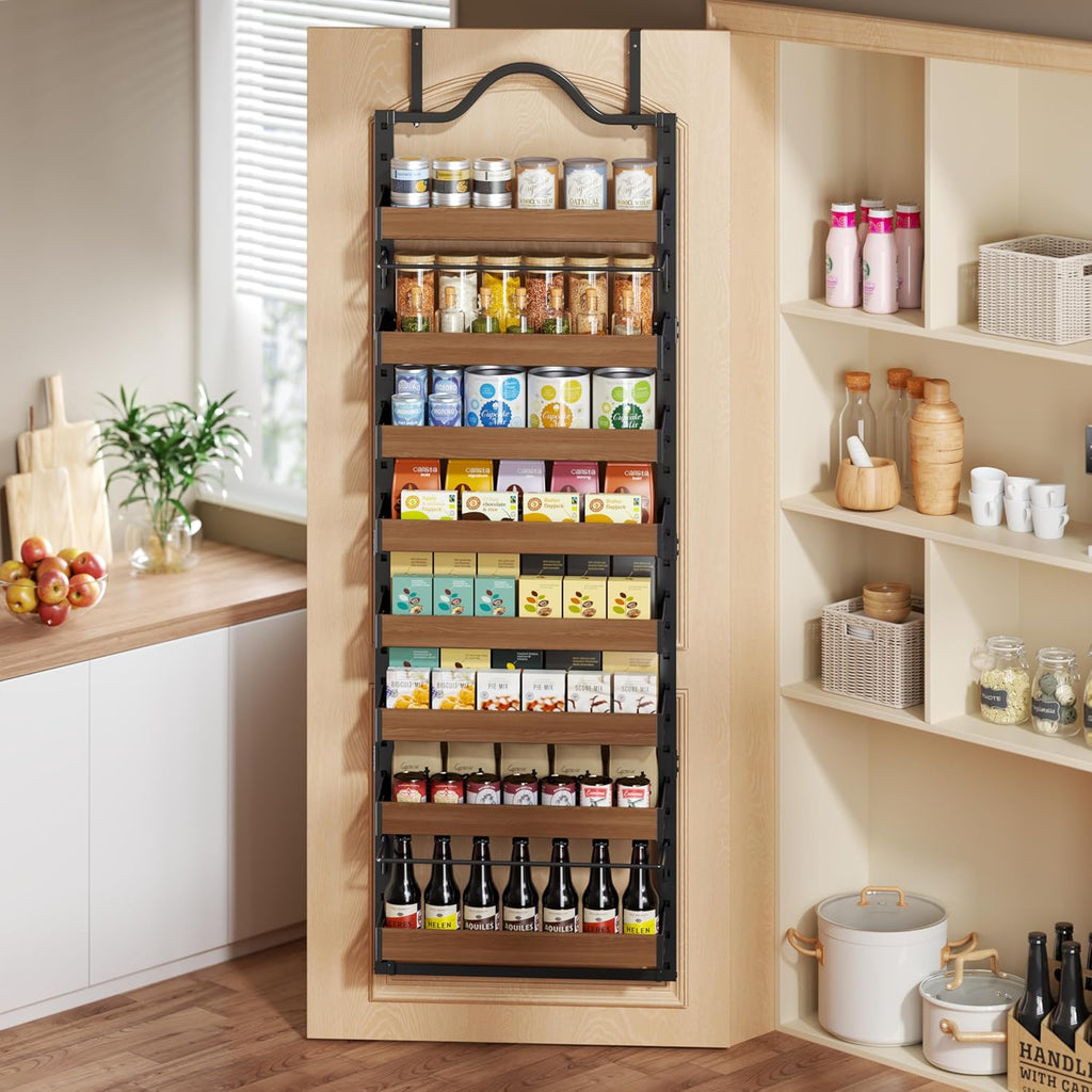 8-Tier Pantry Door Organizer, Over the Door Pantry Organizer with Wooden Adjustable Baskets, 2 IN 1 Spice Rack Wall