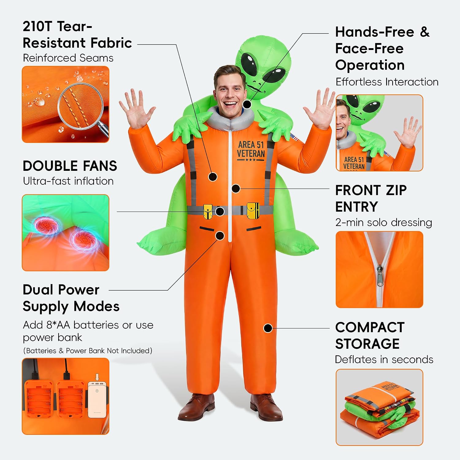 Alien Abduction Blow Up Costume for Adults Men and Women | Funny Inflatable Halloween Costume with Dual Blowers, USB