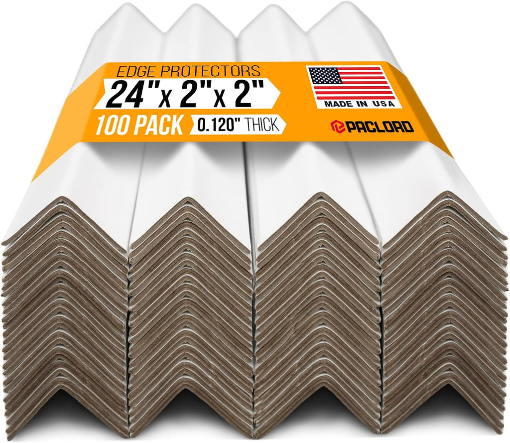 24" x 2" x 2" Reinforced Cardboard Edge Protectors, White (Pack of 100) – 0.12" Thick Medium-Duty Cardboard Corner
