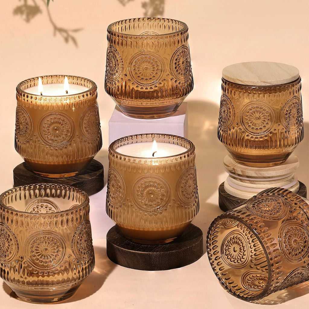 6 Pack Amber Candle Jars for Making Candles- Large 13.5oz Glass Jars with Wooden Lids and Labels, Empty Candle Jars