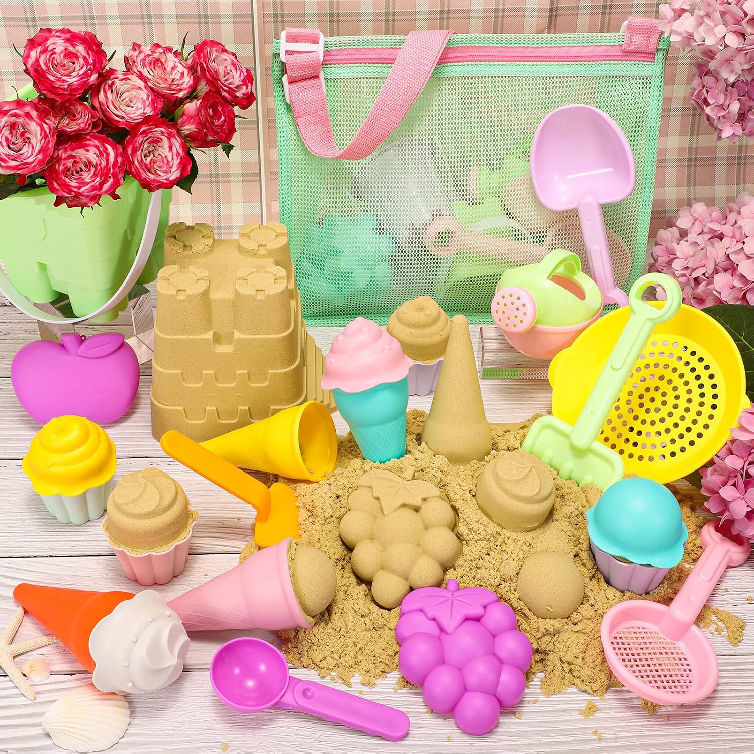 Beach Toys for Kids and Mesh Beach Bag with Zipper, Large Beach Tote with 8 Pockets, Sand Toys Storage Pool Bag Beach