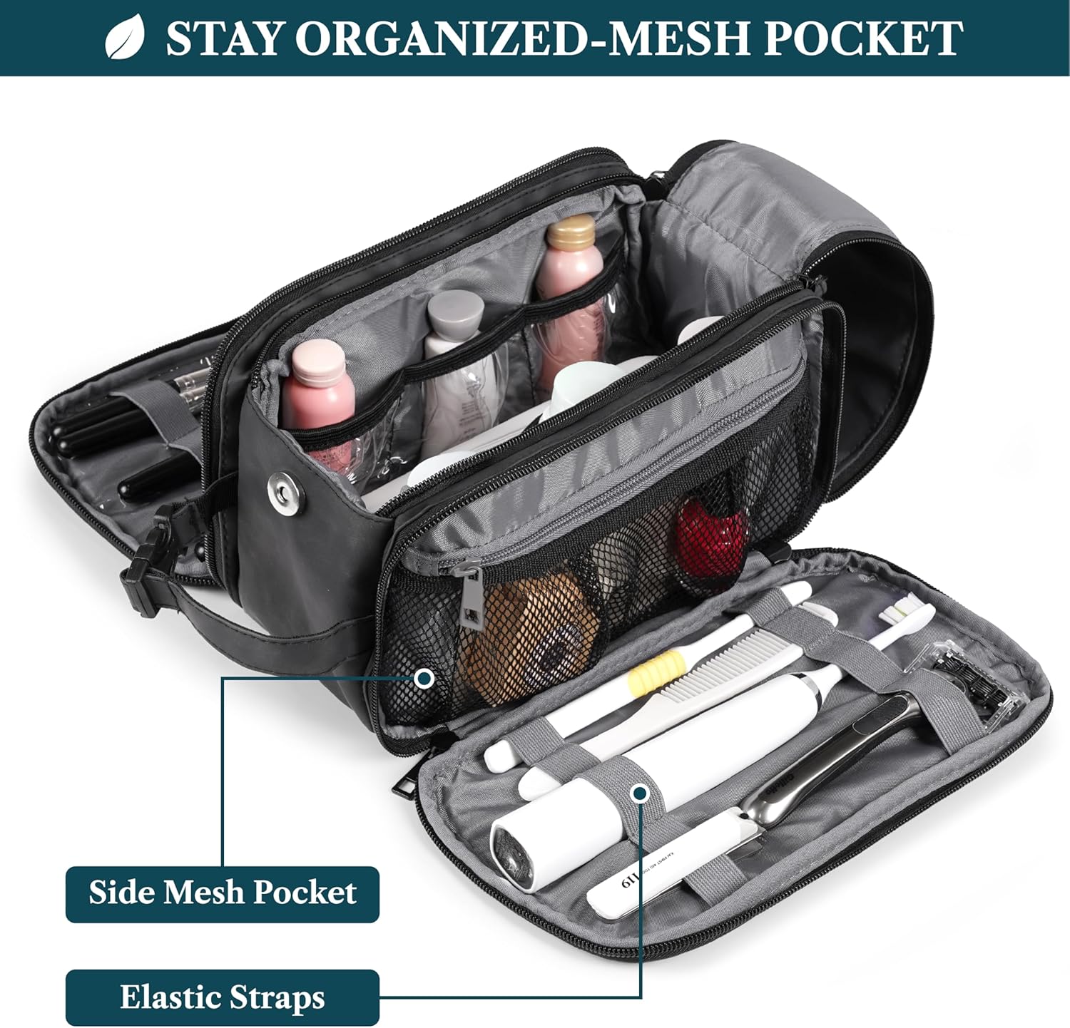 Toiletry Bag for Men, Hanging Travel Dopp Kit Organizer, PU Leather Water Resistant Bathroom Bag for Shaving