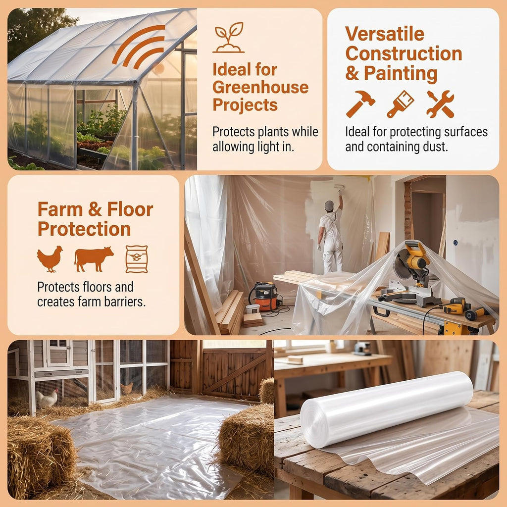 10 Mil 10'x100' Heavy Duty Clear Plastic Sheeting, UV Resistant Tear-Proof for Greenhouse, Construction, Painting