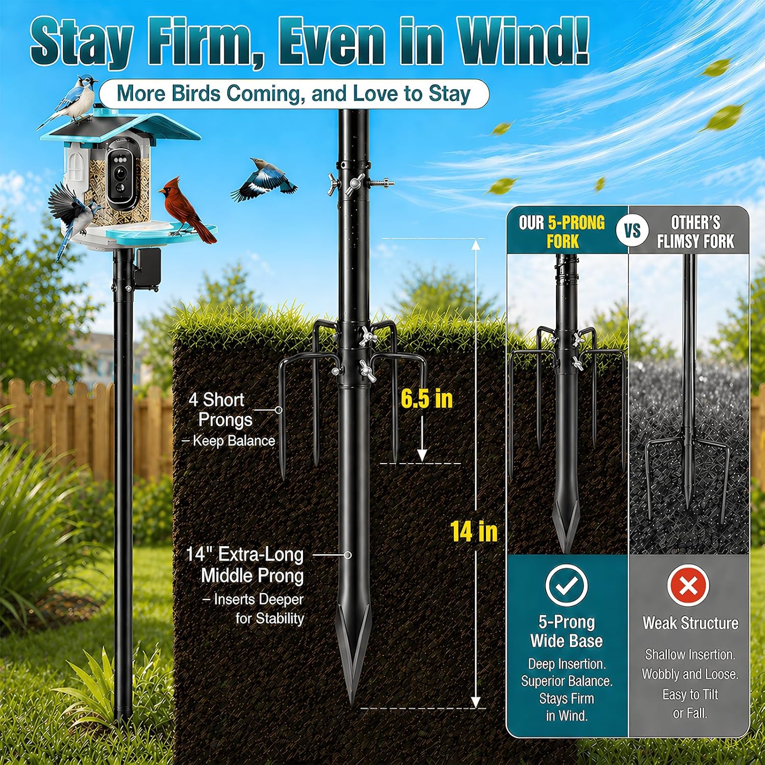 Heavy Duty Bird Feeder Pole - 103" Extra Tall Bird House Stand Outdoor, Anti-Tip Stakes & Stable Mount for Smart