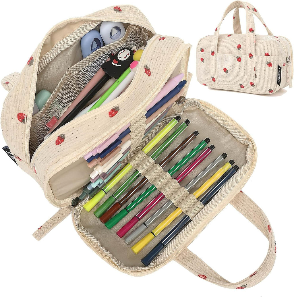 Large Pencil Case Pouch, Extra Big Pencil Bags with Zipper, Cute Corduroy Pencil Pouch with 5 Compartments, Pen Bag