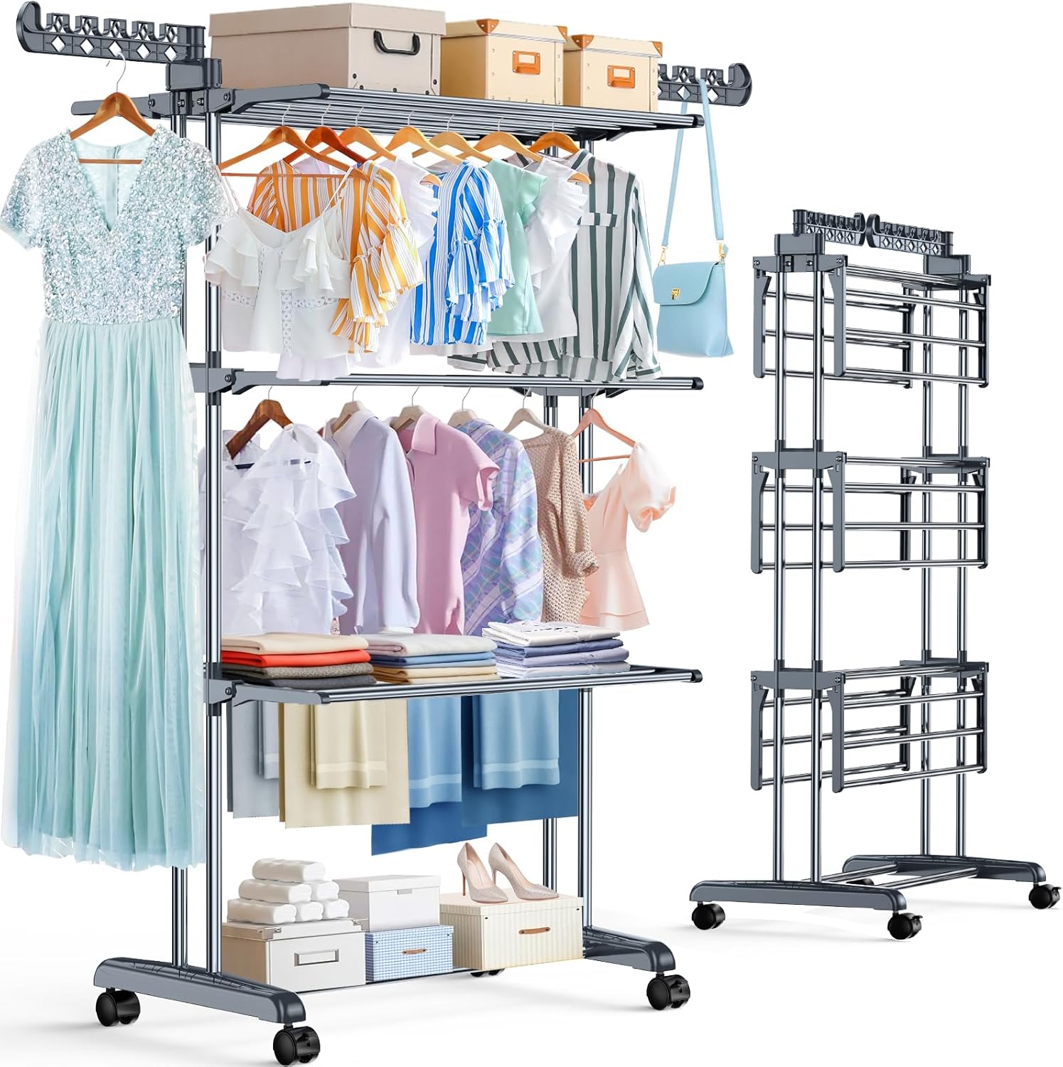 𝟖𝟎% 𝟎𝐟𝐟 Clothes Drying Rack Foldable, 4-Tier Drying Rack with Wheels | Upgraded Foldable Laundry Drying Rack, Clothes