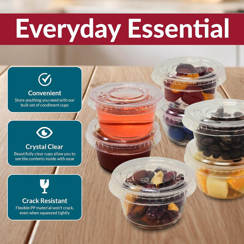 3.25 oz Condiment Containers with Lids (100 sets) | Ideal for Sauce, Souffle, Samples, Jello Shot Cups | Disposable