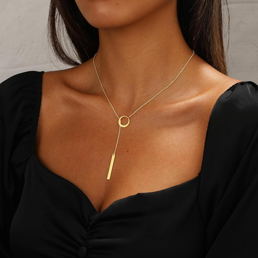 Long Gold Necklace for Women Trendy, Dainty Layered Lariat Necklace 14k Gold Plated Silver Y Shaped Beaded Chain Non