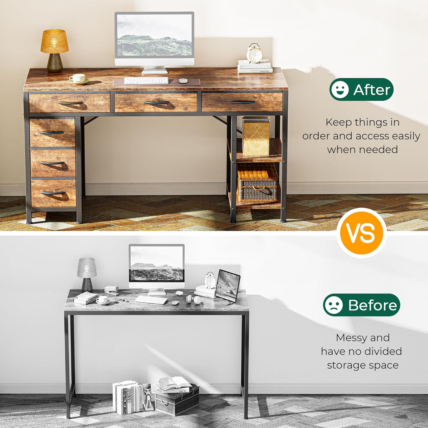 Computer Desk with 6 Drawers, Office Desk with Shelves, Reversible Gaming Desk, Corner Desk with Storage, Work for