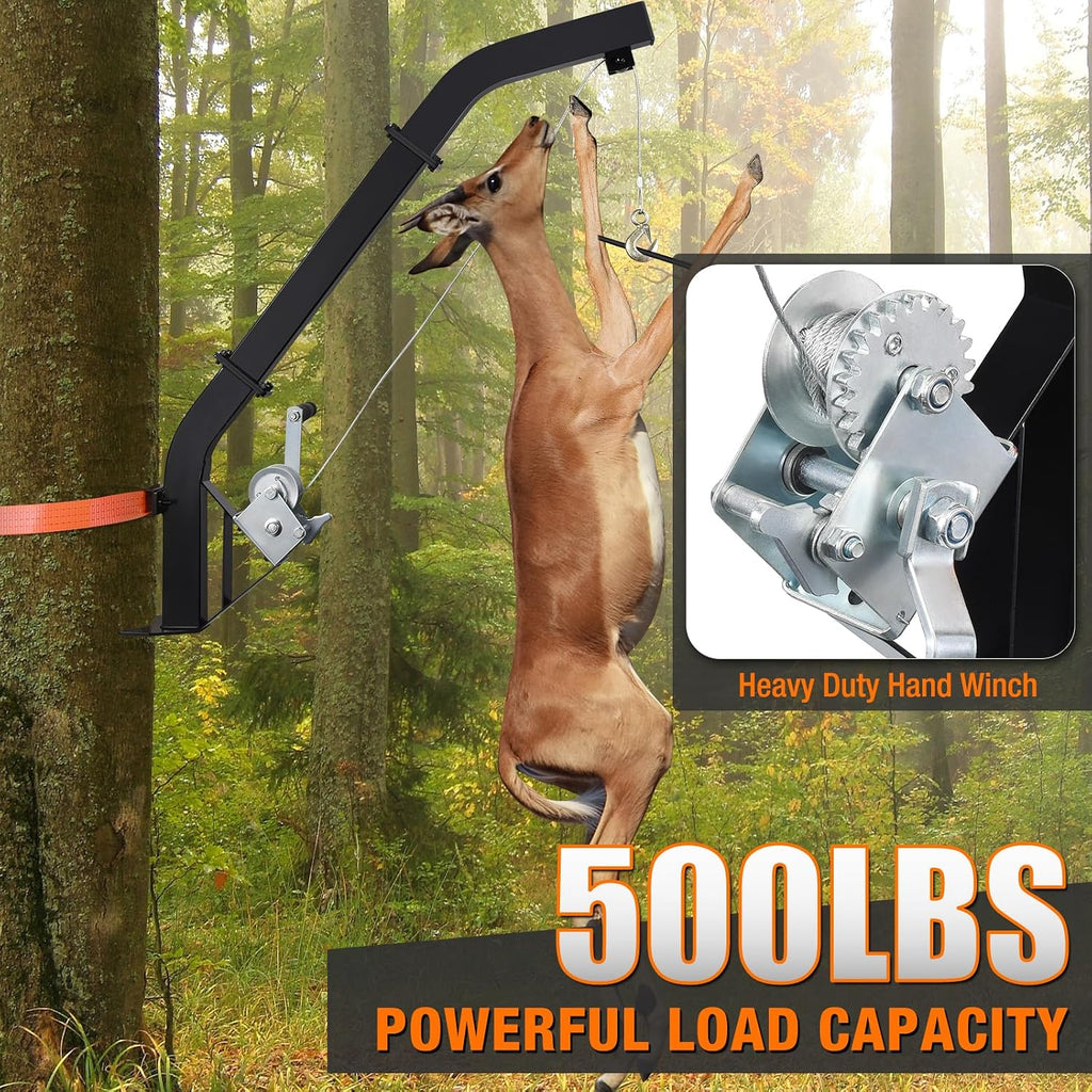 Tree Mounted Deer Hoist, 500LBS Hunting Game Hoist with Winch and Ratchet Strap, 23FT Steel Cable Heavy Duty Deer