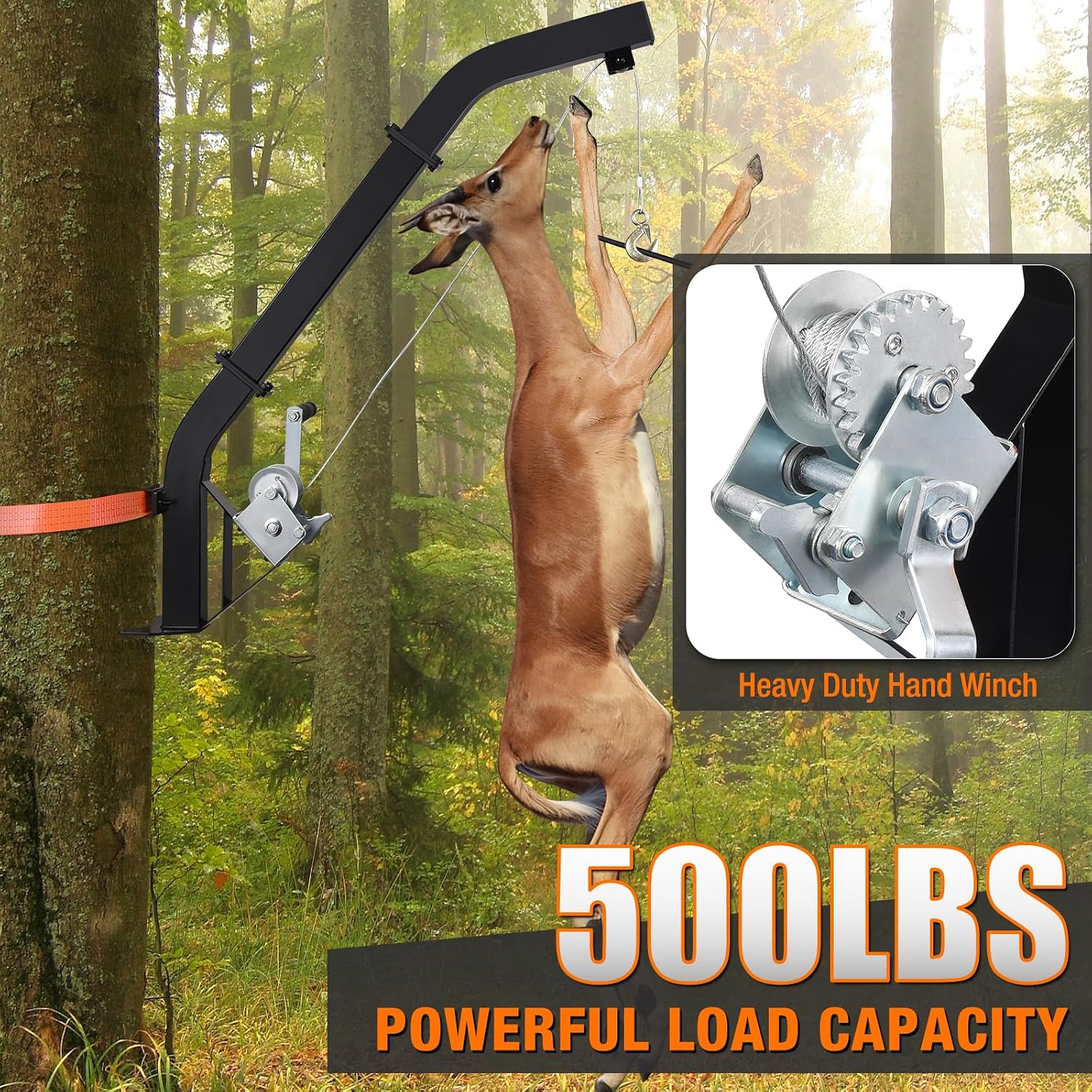 Tree Mounted Deer Hoist, 500LBS Hunting Game Hoist with Winch and Ratchet Strap, 23FT Steel Cable Heavy Duty Deer