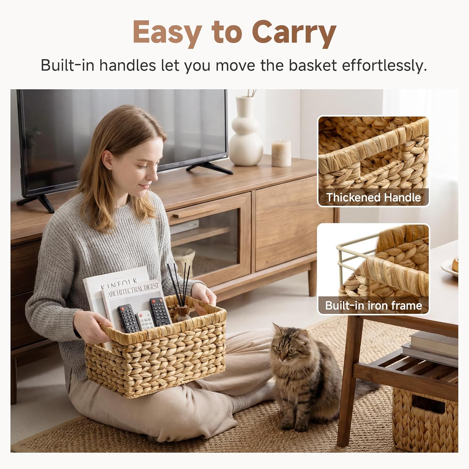 Wicker Basket, Baskets for Organizing, Storage Basket with Built-in Handles, Water Hyacinth Shelves (Medium 2-Pack