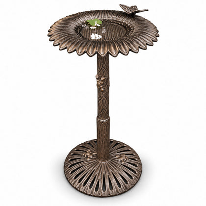 Round Cast Aluminum Metal 32-in Bronze Bird Bath with Butterflies and a Sunflower