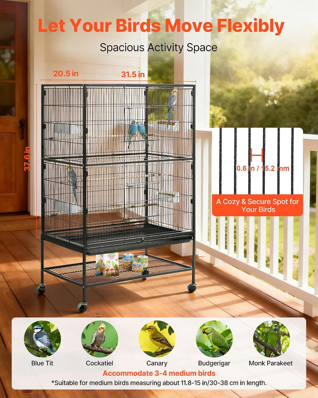 Bird Cage, 31.5 x 20.5 x 52 inch, Flat Top, Wrought Iron Bird Flight Cage with Perches, Slide-Out Tray and Plastic