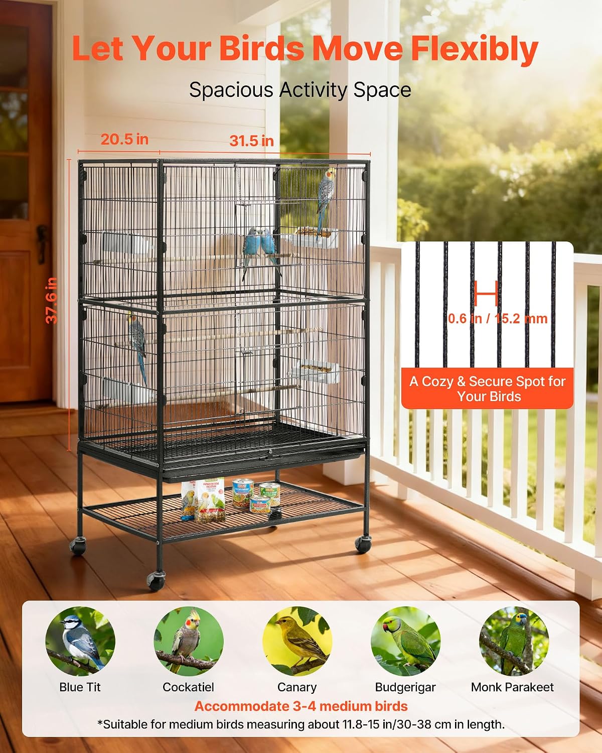 Bird Cage, 31.5 x 20.5 x 52 inch, Flat Top, Wrought Iron Bird Flight Cage with Perches, Slide-Out Tray and Plastic
