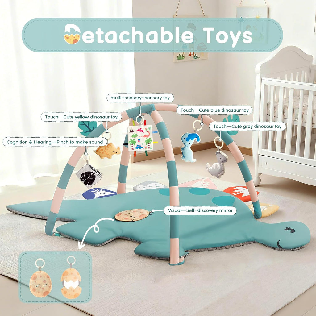 Baby Tummy Time Mat, Oversize Dinosaur Shaped Baby Play Gym Mat with 6 Toys, Play Mat for Babies 0-6-12 Months
