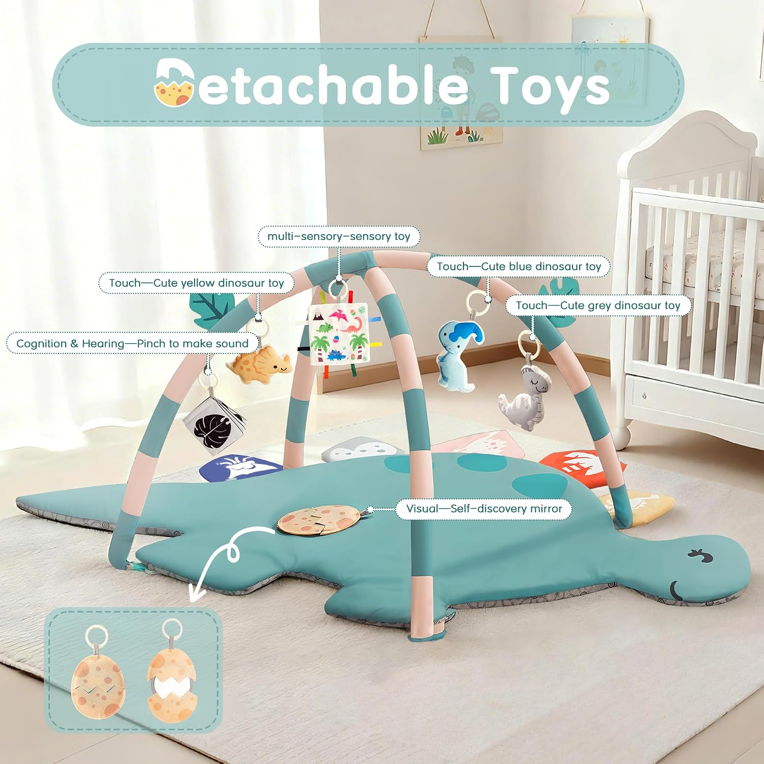 Baby Tummy Time Mat, Oversize Dinosaur Shaped Baby Play Gym Mat with 6 Toys, Play Mat for Babies 0-6-12 Months