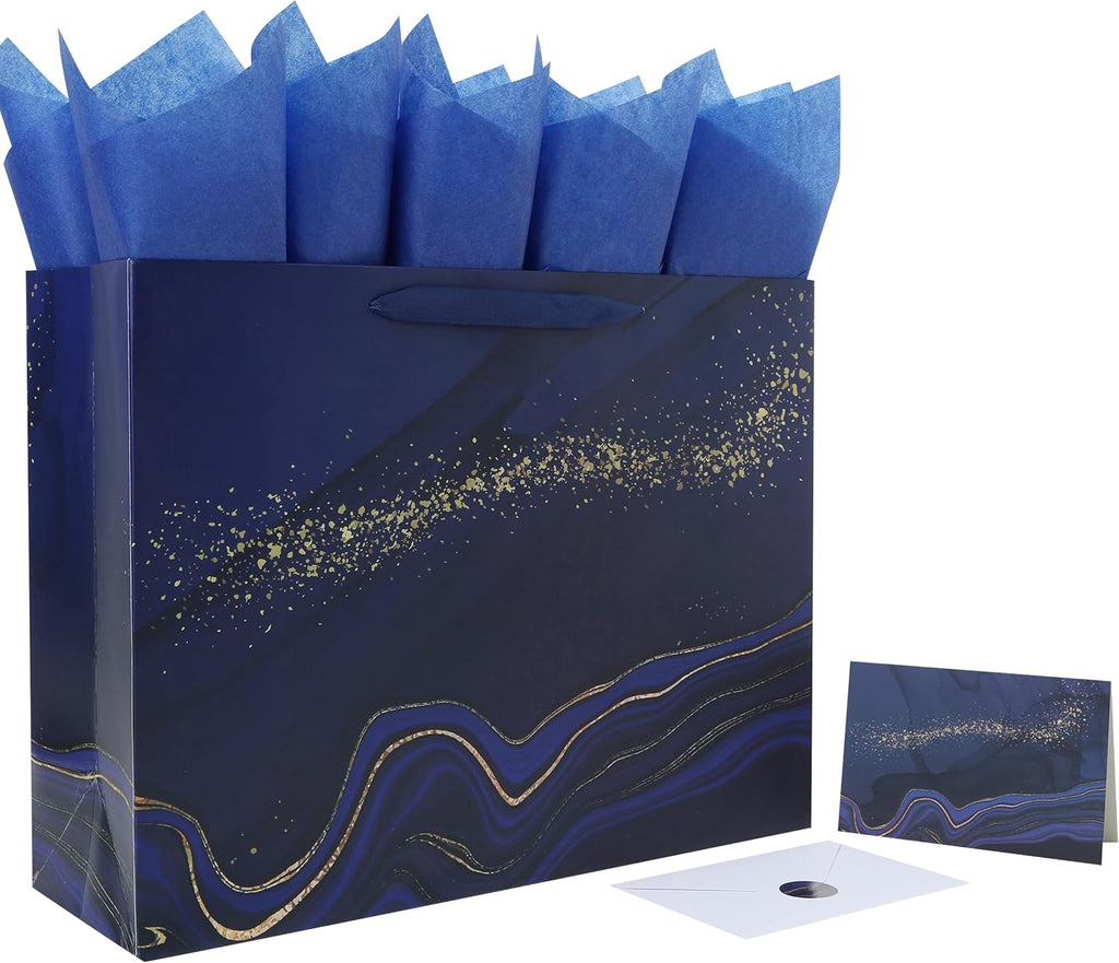 16.5'' Extra Large Blue Marble Gift Bag Set with Handles, Greeting Card, Tissue Papers and Stickers for Men Boys Kids