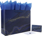 16.5'' Extra Large Blue Marble Gift Bag Set with Handles, Greeting Card, Tissue Papers and Stickers for Men Boys Kids