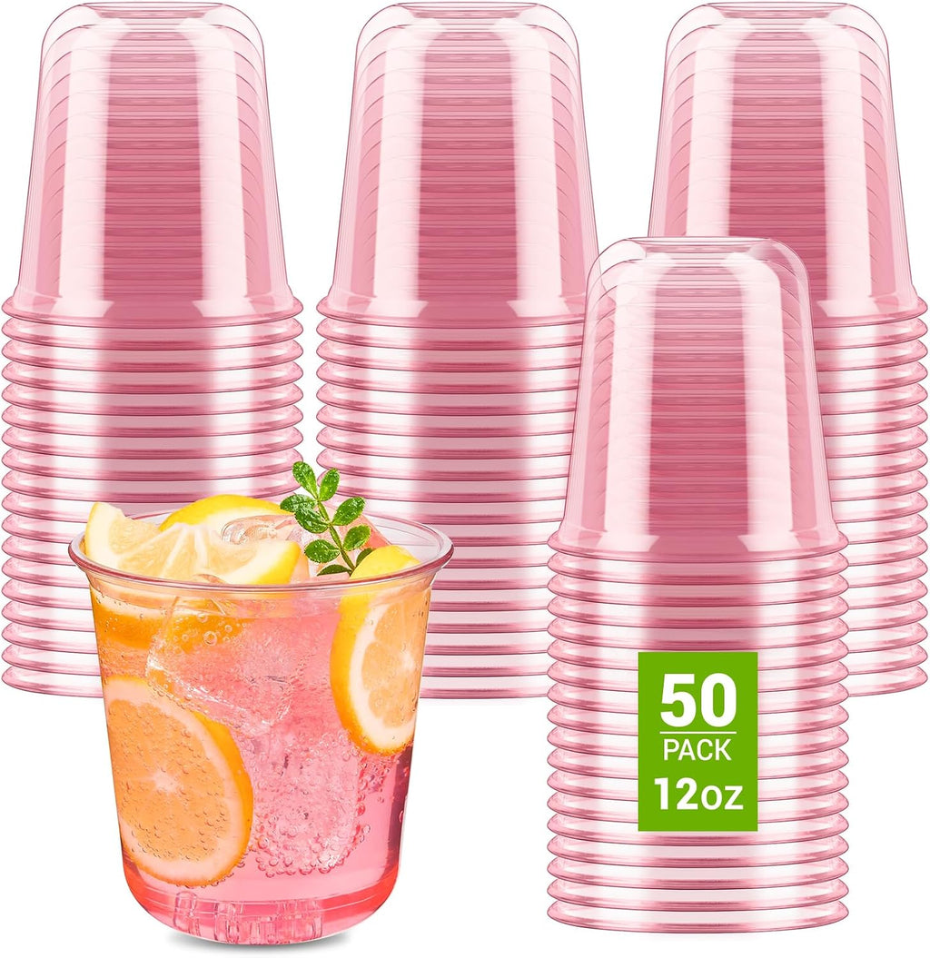 50 Pcs Pink Plastic Cups, 12 oz Disposable Stemless Wine Glasses