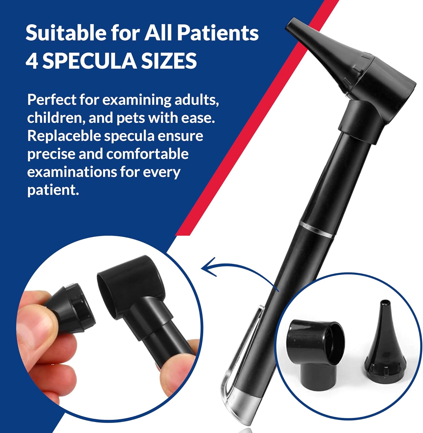 Basic Medical Pocket Size Otoscope with LED Light, Clip and 4 Specula Sizes for Students, EMTs, Nurses, Doctors, and