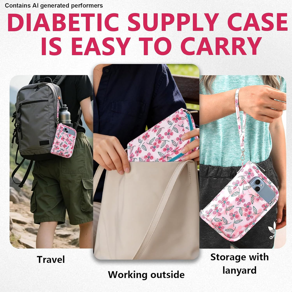 Lightweight Diabetes Travel Case, Diabetic Bag, Pink Flora