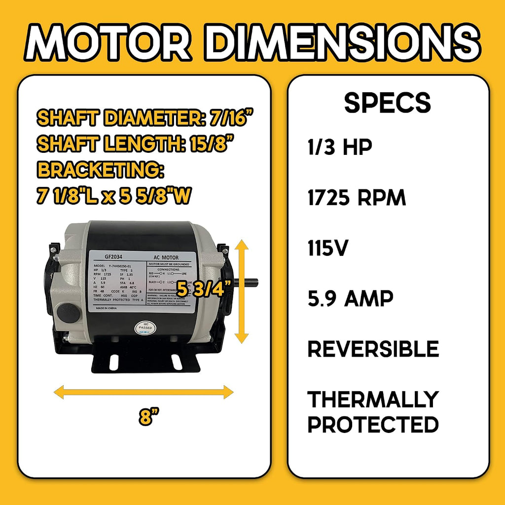 1/3 HP Belt Drive Blower Motor GF2034, 115V 1725 RPM, 48 Frame