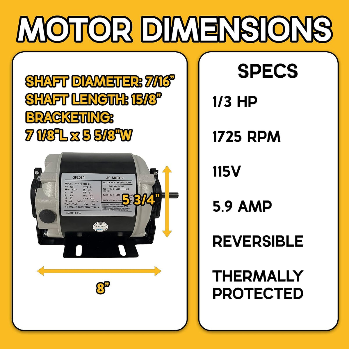 1/3 HP Belt Drive Blower Motor GF2034, 115V 1725 RPM, 48 Frame