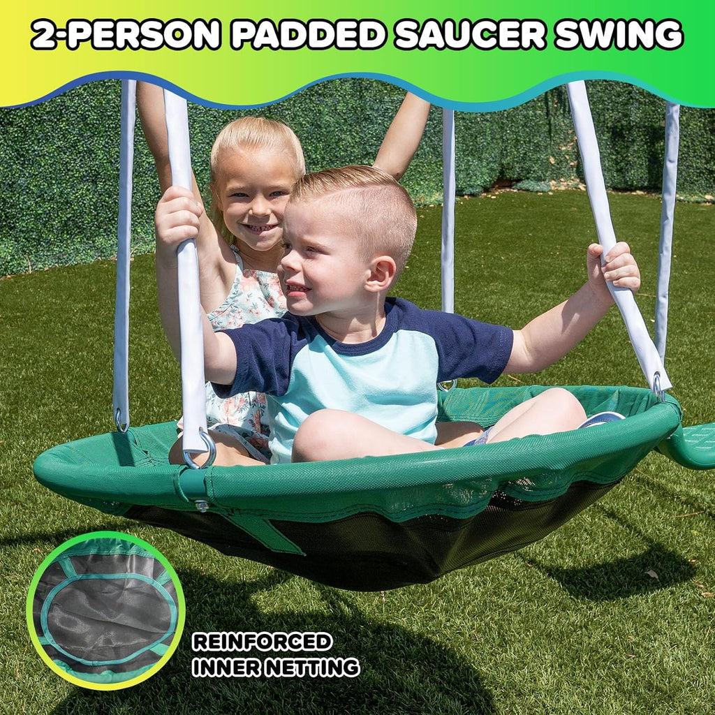 Northridge Metal Swing Set, 500 lb Capacity, 32" Saucer, 2 Blow-Molded Swings & 5ft Slide, Durable 6ft Frame, Outdoor