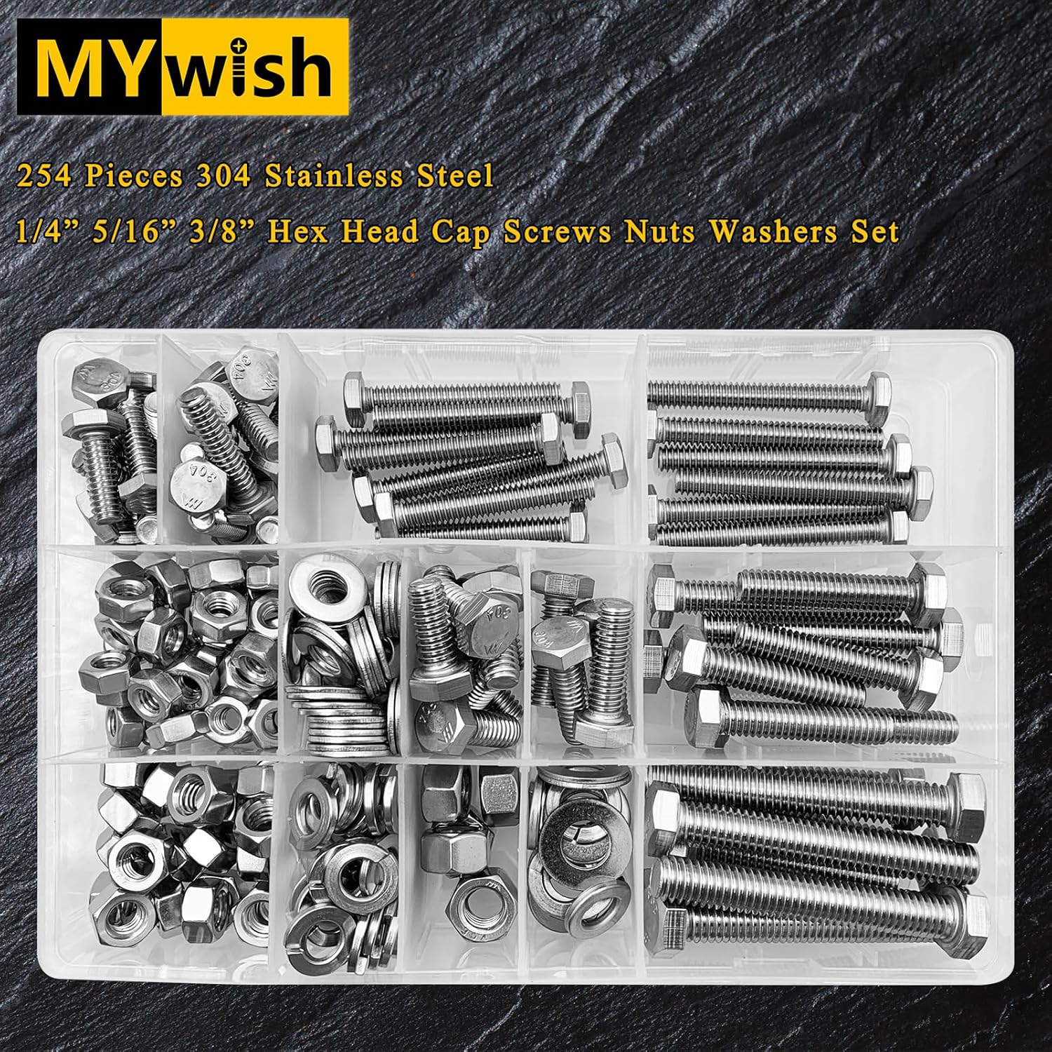 254Pcs Nuts and Bolts, 1/4 20 5/16 18 3/8 16 Bolt, Heavy Duty 304 Stainless Steel Bolts and Nuts Kit with Flat Spring