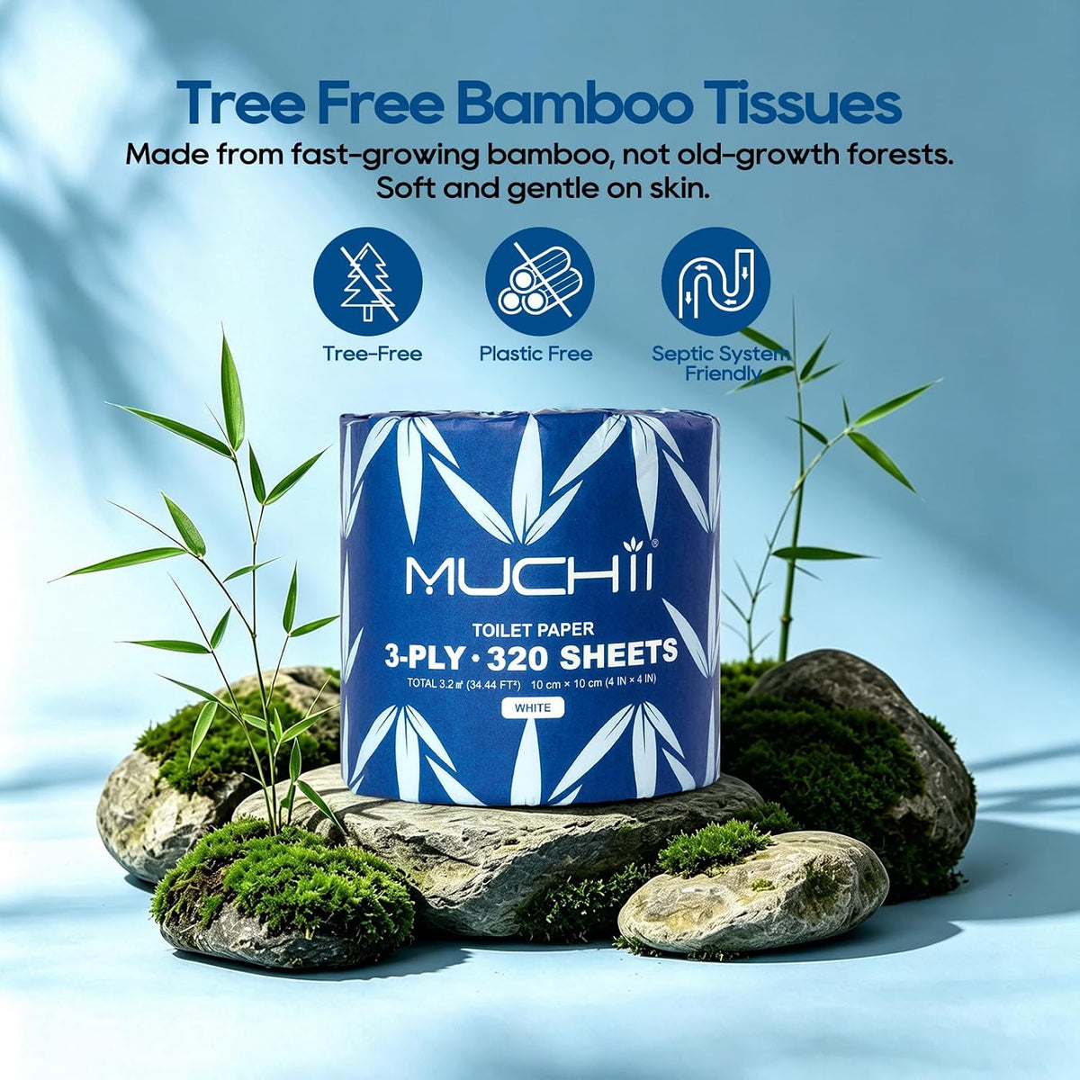 Bamboo Toilet Paper 3-Ply, Septic Safe Bath Tissue, 12 Rolls, White