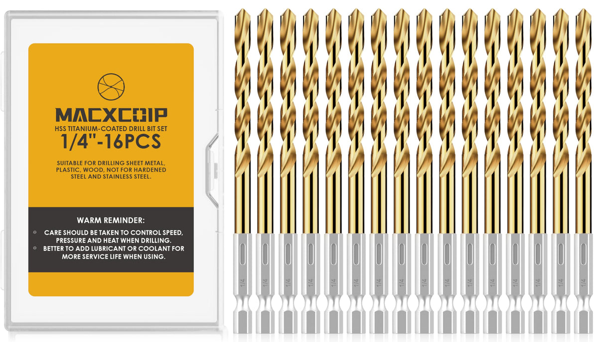 MACXCOIP 16Pcs 1/4" Hex Shank Titanium Twist Drill Bit Set