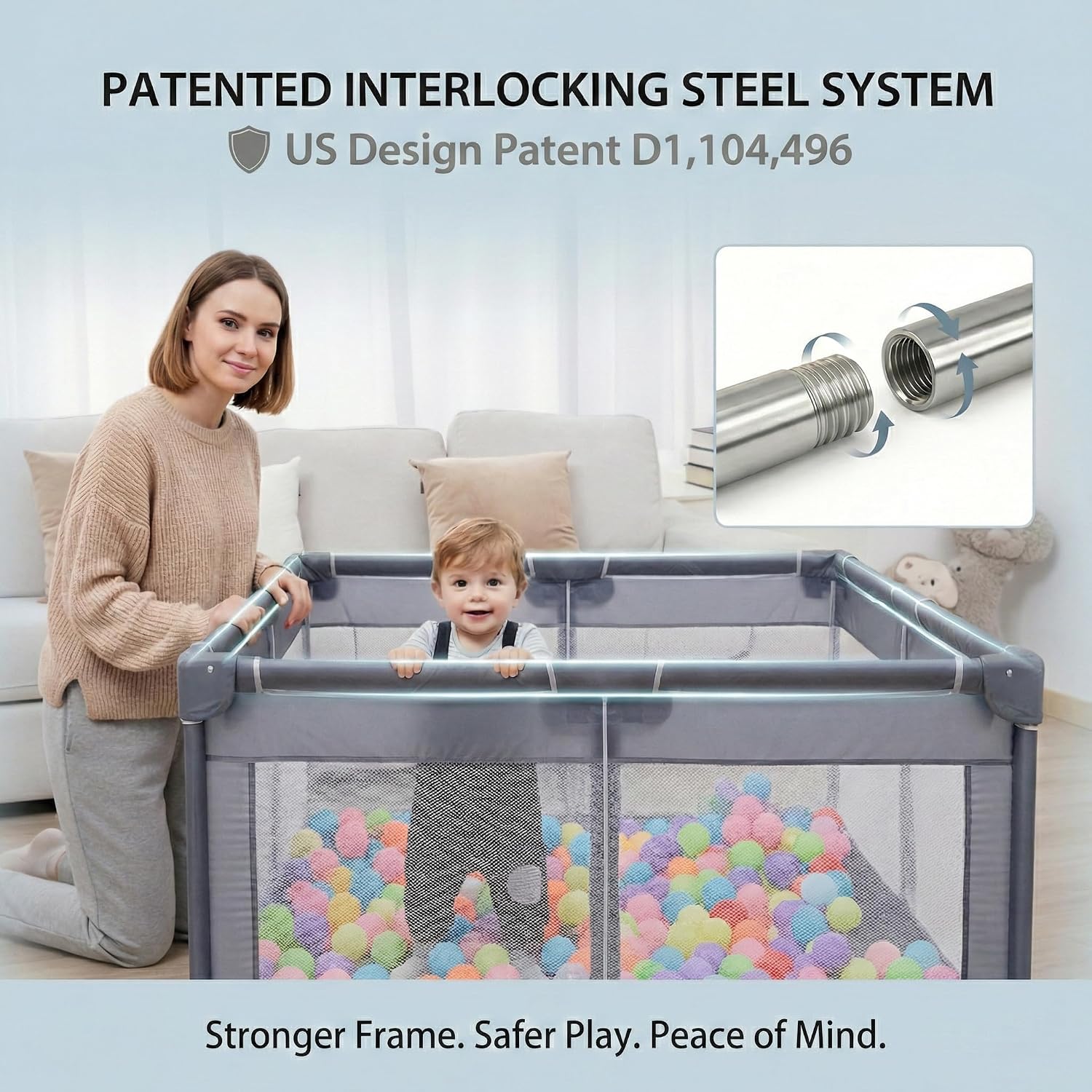 Baby Playpen 50x50, Baby Play Yard for Babies & Toddlers, Grey | Breathable mesh playpen with zip door, indoor baby