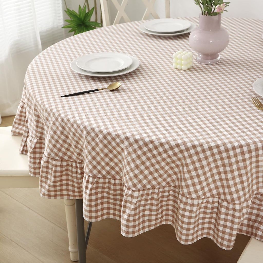 Taupe White Gingham Tablecloth Round Dia.90”