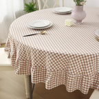 Taupe White Gingham Tablecloth Round Dia.90”