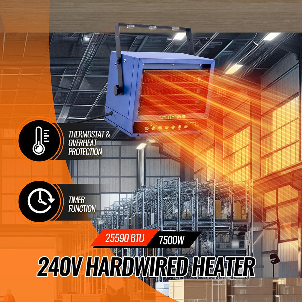 240V Hardwired Electric Garage Heater 7500W with Remote Control | Fan-Forced Shop Heater with 12H Timer, Overheat