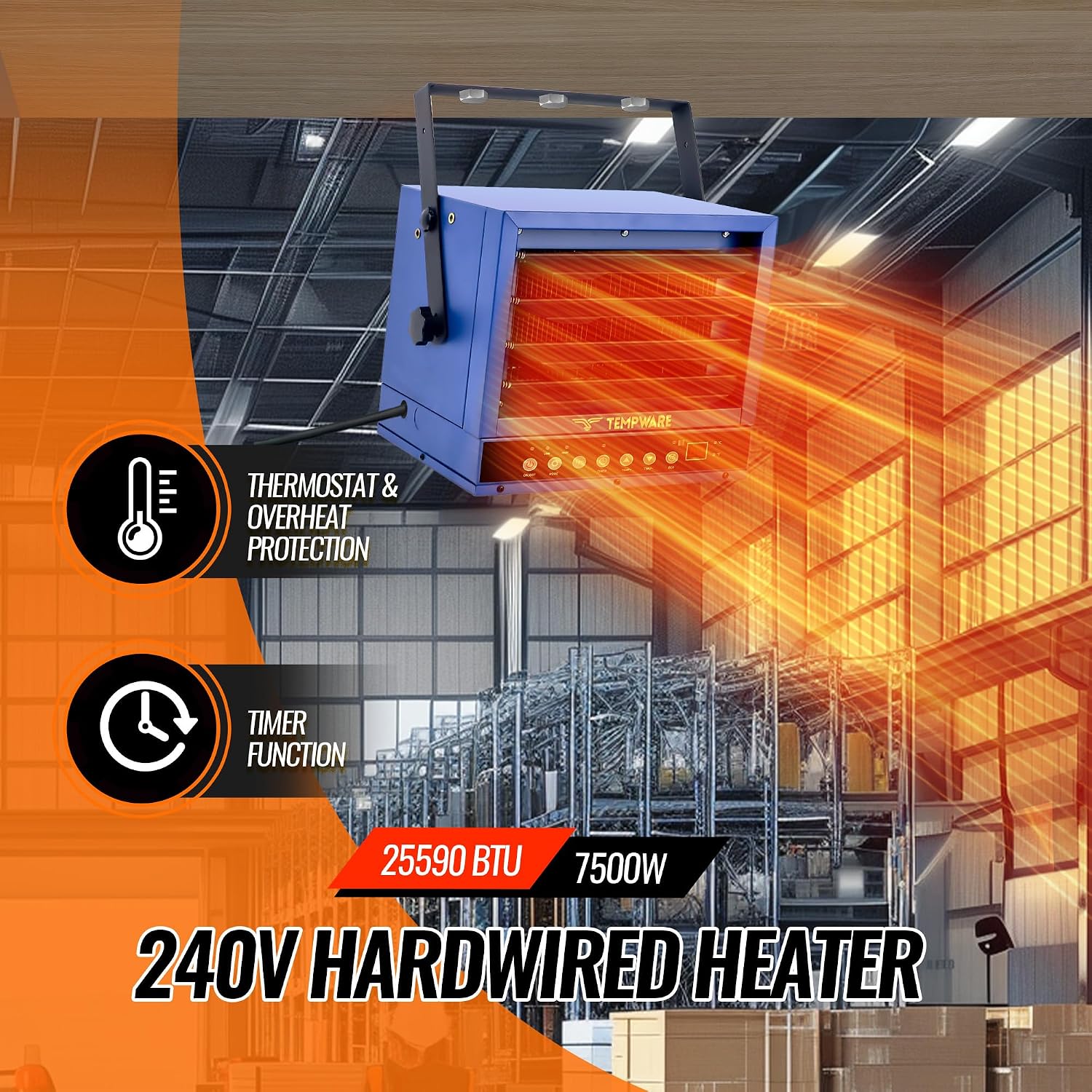 240V Hardwired Electric Garage Heater 7500W with Remote Control | Fan-Forced Shop Heater with 12H Timer, Overheat