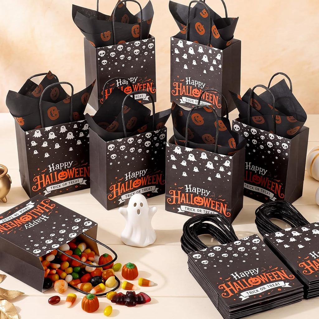 30 Pack Halloween Kraft Gift Bags with Handles Tissue Papers