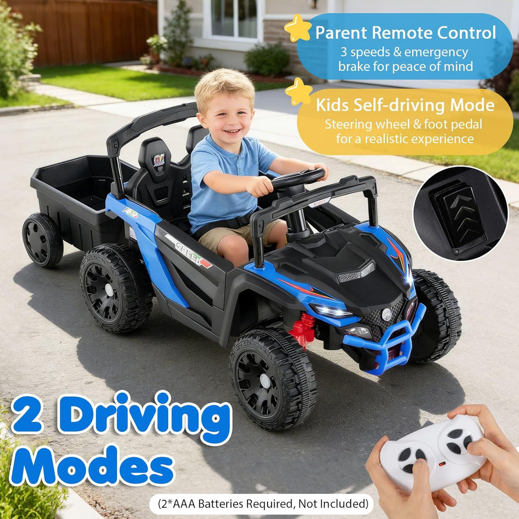 Kids Ride On UTV Car with Detachable Trailer, 12V Battery Powered Electric Vehicle with Remote Control, 3 Speeds, LED