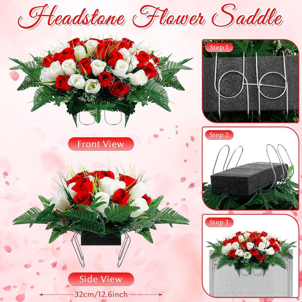 3 Pcs Artificial Cemetery Flower Set Cemetery Flowers Saddle Flowers Rose Bouquets with Vase 1 Saddle and 2 Memorial