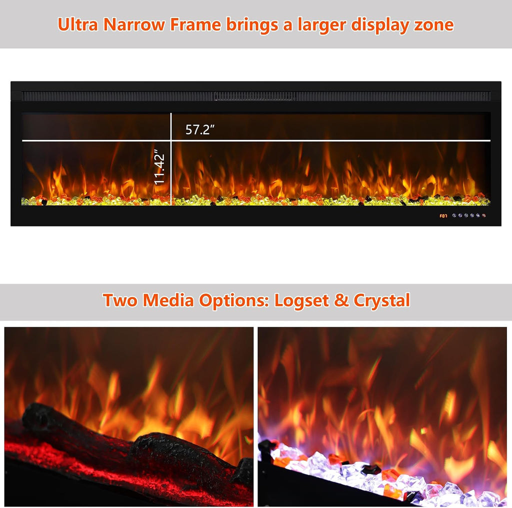 OxharkFlame 60in WiFi Electric Fireplace Insert Recessed WallMounted Heater | Smart Electric Fireplace Realistic