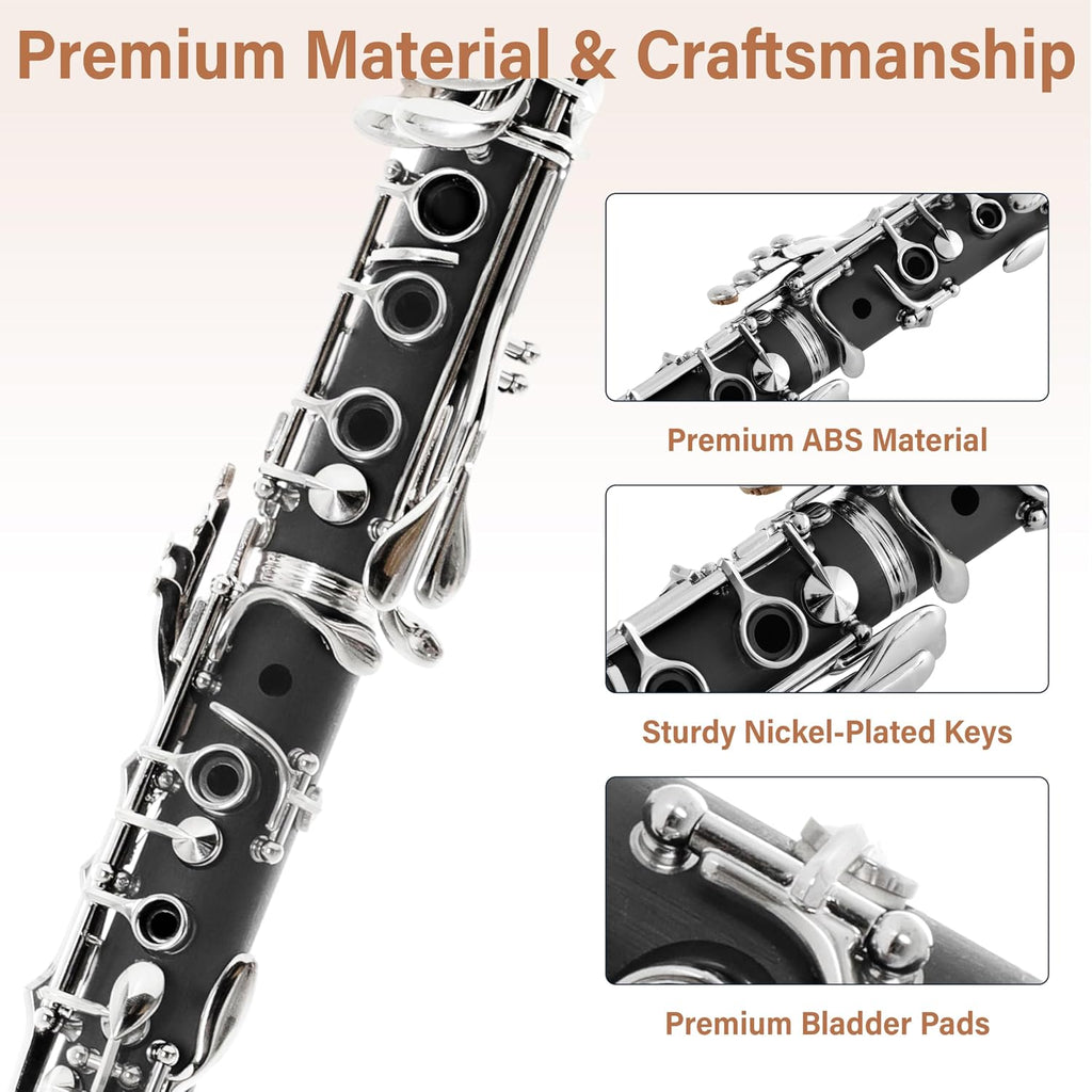 Ebonite Bb Clarinet Kit for Beginner - Black | B Flat Clarinet Kit with 10 Reeds, Mouthpiece, Cork Grease, Hard Case