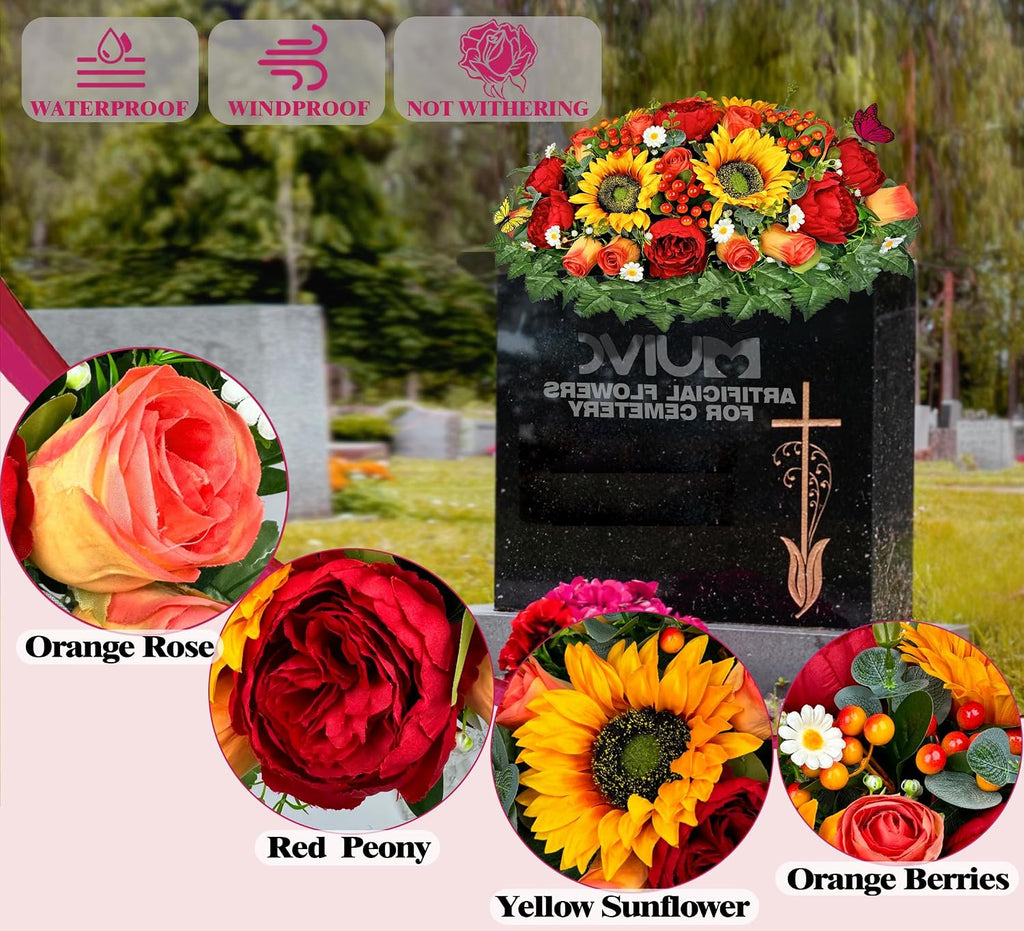 Artificial Cemetery Flowers for Outdoor Grave Decorations - Sympathy Headstone Flower Saddle - Realistic Sunflower Rose