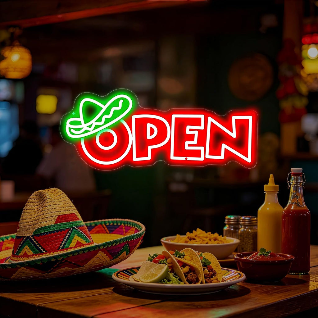 Mexican Food Open Neon Sign Restaurant Bar Shop Wall Decor -18.1"x7.5"