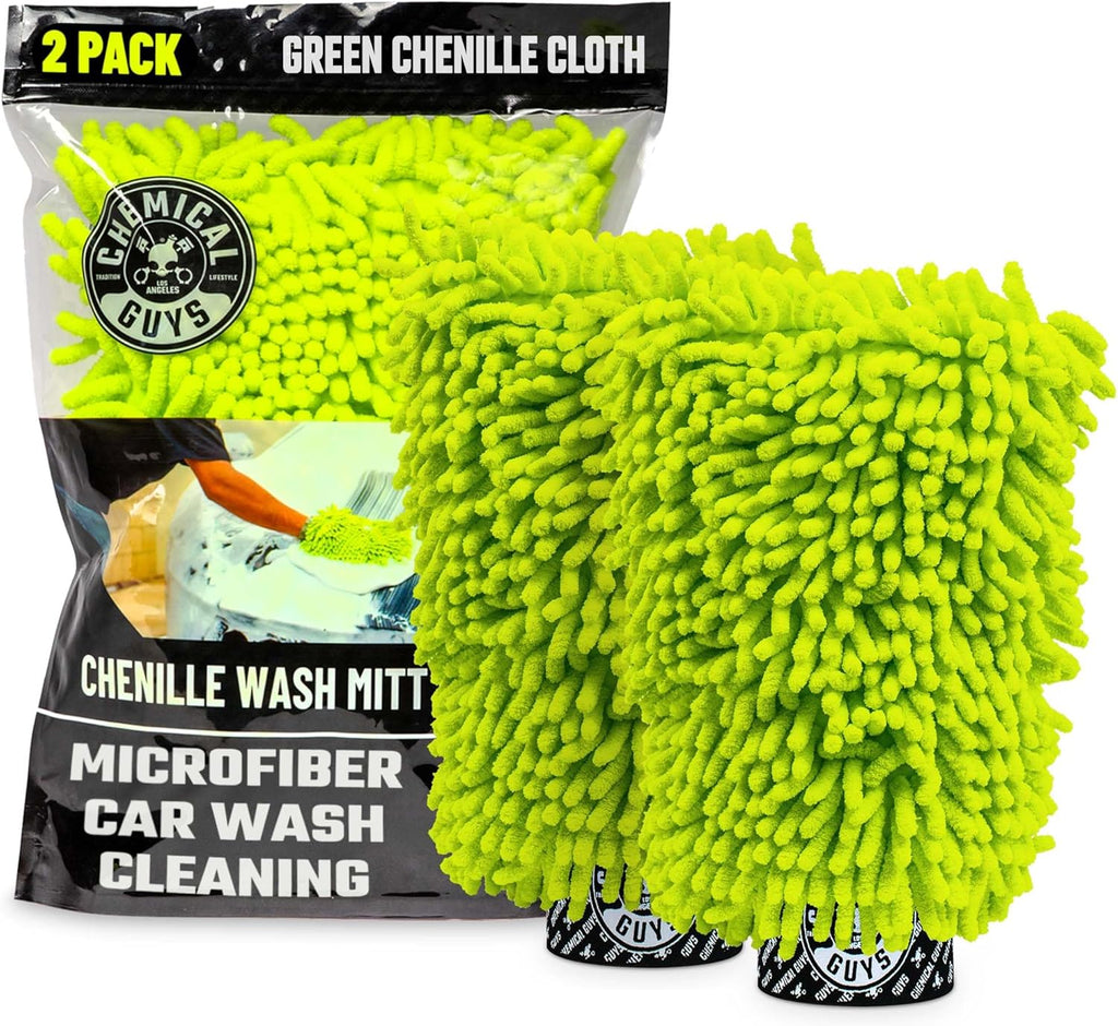 Chenille Microfiber Wash Mitt for Cars, Scratch-Free, 2 Pack | Ultra-soft lime green chenille holds thick suds and