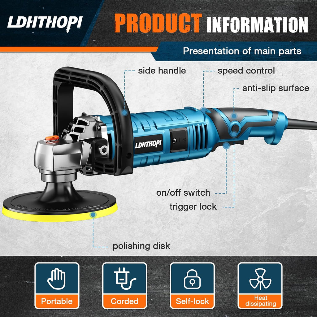 Buffer Polisher, 1600W 7 Inch/6 Inch Rotary Buffer Polisher Waxer, 7 Variable Speed 1000-3500 RPM, Detachable Handle