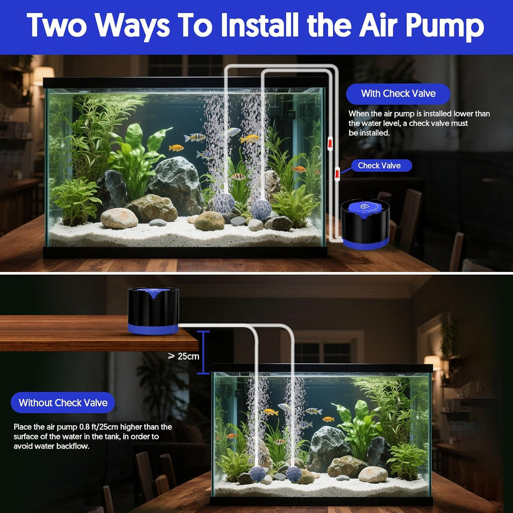 Aquarium Air Pump, Quiet Fish Tank Air Pump with Dual Outlets, Powerful Adjustable Oxygen Pump with Accessories