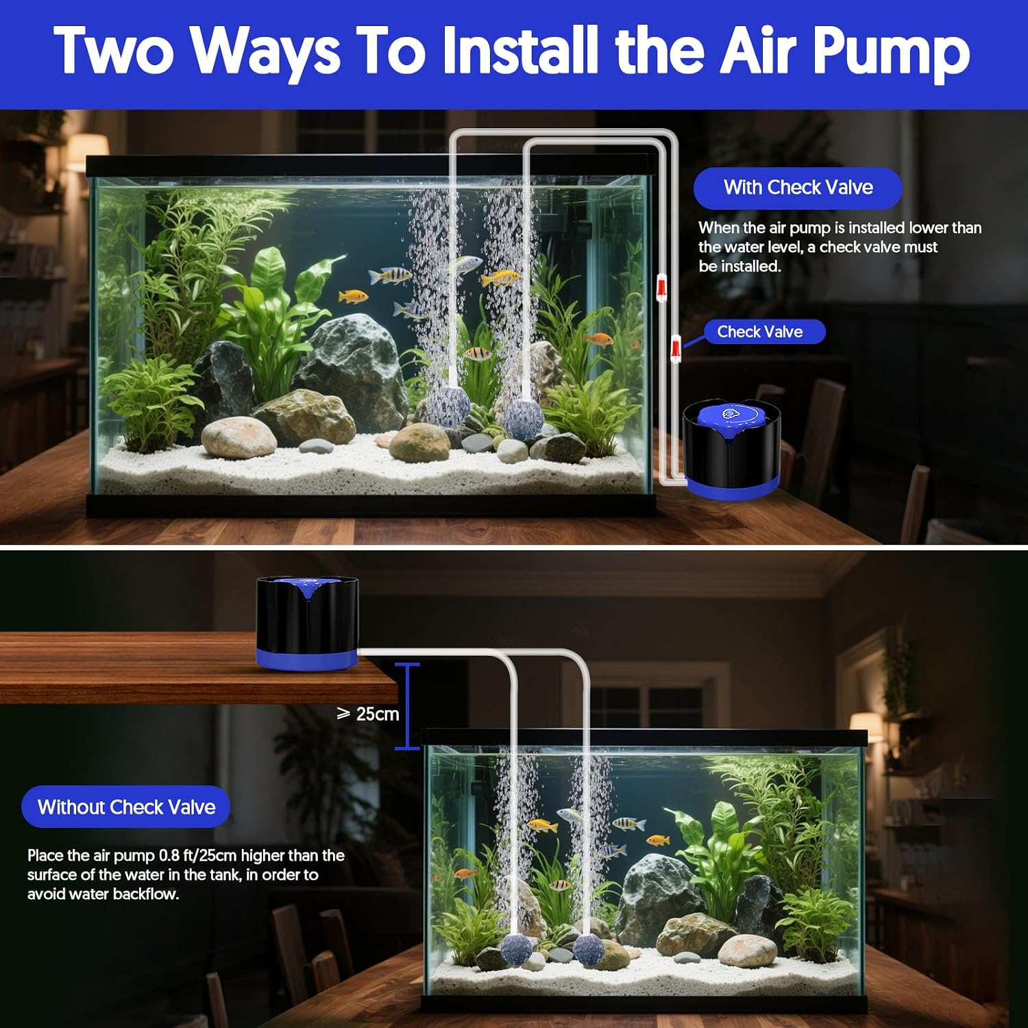 Aquarium Air Pump, Quiet Fish Tank Air Pump with Dual Outlets, Powerful Adjustable Oxygen Pump with Accessories