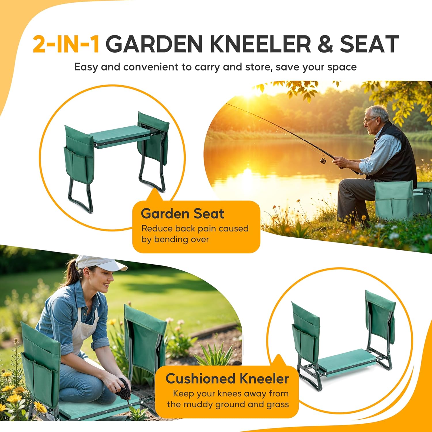 Garden Kneeler and Seat, Foldable Kneeling Stool with Thicker EVA Foam Pad, Heavy Duty Bench with Tool Pouch, Gifts