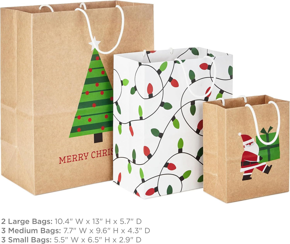 Christmas Gift Bags, Assorted 8-Pack (Kraft, Santa, Lights, Tree)